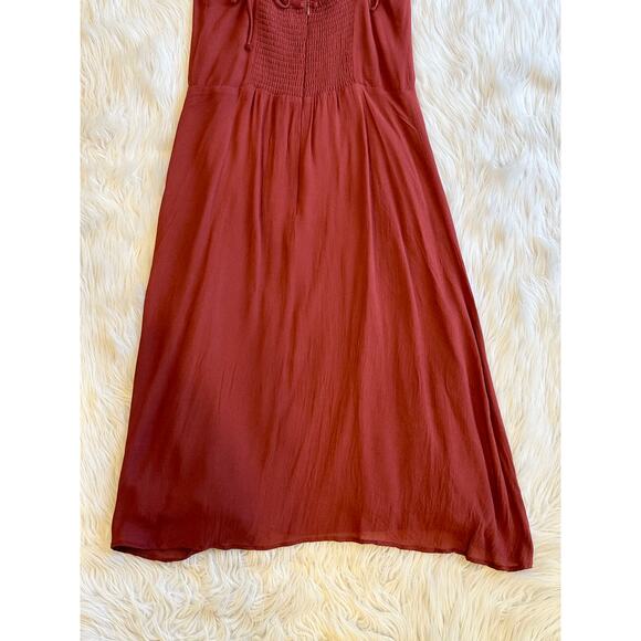 REVOLVE OPT Sweetheart Midi Dress Tie Shoulder Slit Chiffon, Rust - Picture 9 of 11